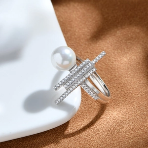 Modern 925 sterling silver geometric ring with white pearl and micro-pave zircons