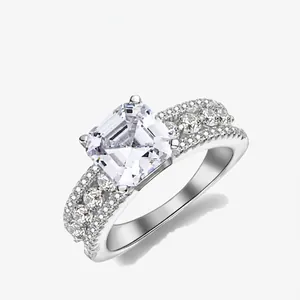 Luxury 925 Sterling Silver Square Cut Zirconia Ring For Women Micro Pave Rhinestone Engagement Wedding Band Jewelry