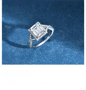 Macro detail of S925 sterling silver ring with emerald cut zircon and 925 hallmark