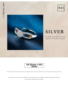 Detailed macro view of 925 sterling silver ring with colorful 5A cubic zirconia stones