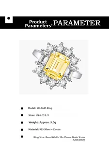 Détails de bague en argent 925 avec zircon jaune taille émeraude de 7x9mm
