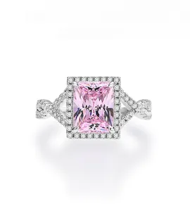 Macro shot of 925 sterling silver ring with large pink zircon and twisted band details