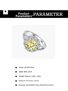 Dessin technique de la bague en argent S925 avec zircon jaune 8mm et spécifications