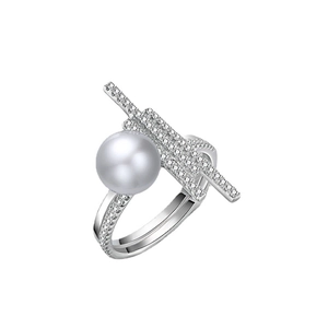 Modern geometric 925 silver ring with a large white pearl and shimmering pavé zircons