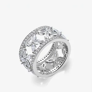 Bague Large en Argent Sterling 925 avec Fleurs Évidées pour Femmes Incrustation de Zirconia Marquise Bijoux de Mode