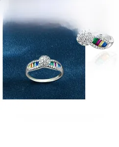 Detailed macro view of sterling silver ring with multi-color stones and zircon cluster