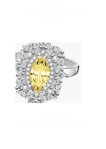Macro shot of silver ring featuring a marquise-cut yellow gem with micro-pave diamond setting
