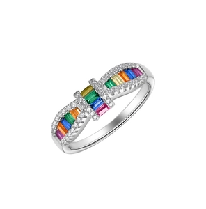 Elegant S925 sterling silver rainbow ring with colorful baguette-cut gemstones