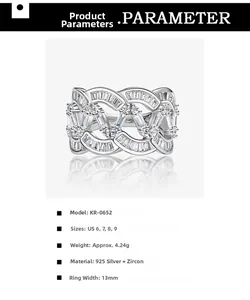 Spécifications de taille détaillées pour bague vague en argent sterling sertie de zircon