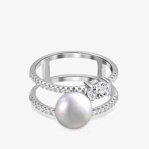 925 Sterling Silver Double Layer Artificial Pearl Ring With Oval Zircon Elegant Fashion Jewelry For Women Anniversary Gift