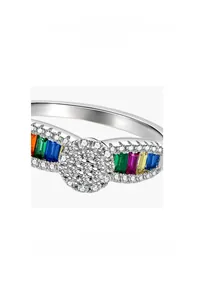 Macro shot of silver ring featuring micro-paved rainbow gemstones and brilliant cubic zirconia