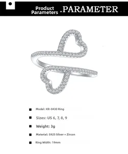 Detailed size specifications for sterling silver double heart ring with zircon inlay