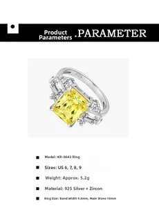 Detailed macro view of S925 silver ring featuring 10mm yellow ice-cut square zircon stone