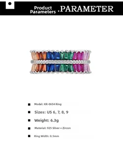Detailed specs of 925 silver multi-color zircon ring with 8.5mm width and US sizes 6 to 9