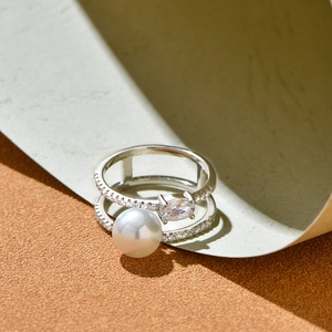 925 Sterling silver double layer ring with pearl and marquise zircon accents