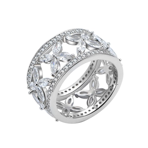 Bague élégante en argent 925 avec zircons en forme de fleur et marquise polie