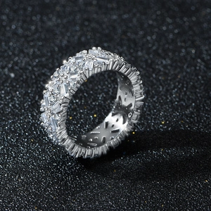 Luxury 925 sterling silver full baguette and round diamond eternity ring for women