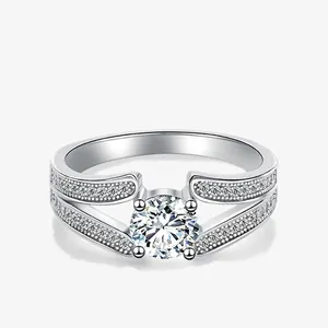 925 Sterling Silver Ring For Women Geometric Round Zirconia Ring Split Shank Rhinestone Pave Wedding Engagement Party Fashion Jewelry
