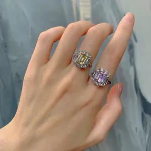 Bagues halo en argent 925 avec pierres rectangulaires jaunes et roses de 7x9mm