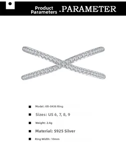 Detailed specs of S925 silver X-shaped ring with pavé cubic zirconia, 10mm width