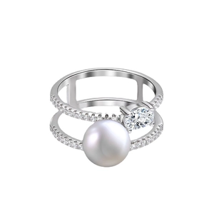 Elegant 925 sterling silver double-layer ring with pearl and cubic zirconia accents