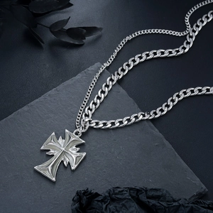 Silver Maltese cross necklace with white enamel inlay and layered metal chains