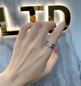Detail of eternity ring featuring multi-color baguette-cut cubic zirconia in silver setting