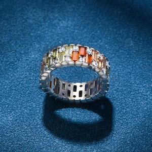 Rainbow gradient color block ring with baguette cut gems and zircon in S925 silver