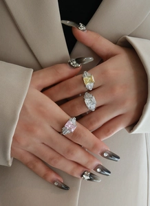 Three-piece set of S925 silver rings with yellow, white, and pink radiant cut stones