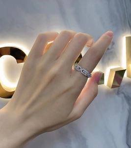 Macro detail of a S925 silver geometric chain ring with sparkling pave cubic zirconia
