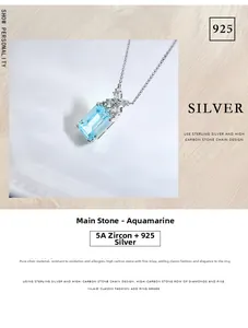 Detail of 925 sterling silver necklace featuring a rectangular cut aquamarine and zircons