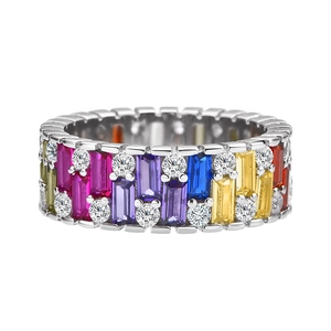 Rainbow gemstone eternity band in 925 sterling silver with multicolor gradient baguettes