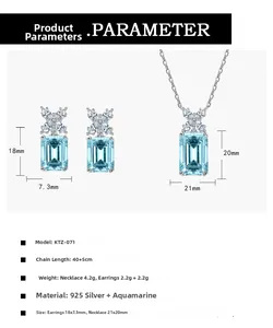 Detailed size specifications for 925 silver aquamarine necklace and earring set