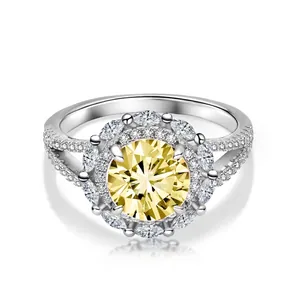 Bague Halo en Argent Sterling 925 Luxe Taille Ronde Jaune Rose Blanc Strass pour Femme Bijoux de Fiançailles