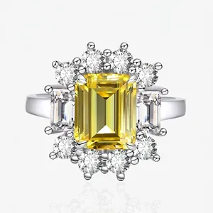 Bague en Argent Sterling 925 Zirconia Taille Émeraude Jaune Rose Blanc Pierre Précieuse Cluster Halo Cocktail Bague pour Femme Bijoux Cadeau