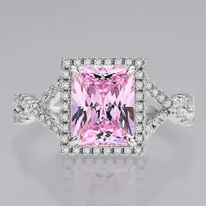 Luxury 925 Sterling Silver Radiant Cut Zirconia Halo Ring For Women Twisted Band Engagement Wedding Hand Jewelry Finger Ring
