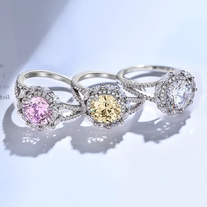 Bagues halo en argent S925 avec zircons ronds brillants en rose, jaune et blanc pur