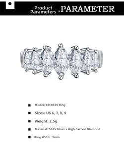 Detail view of 925 silver ring with 7 pear-cut diamonds and specific product parameters