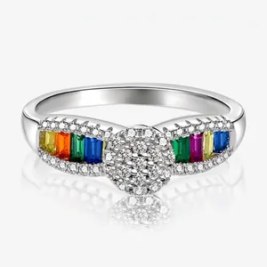 925 Sterling Silver Rainbow Zirconia Ring For Women Colorful Geometric Cluster Band Ring Summer Fashion Finger Ring Jewelry