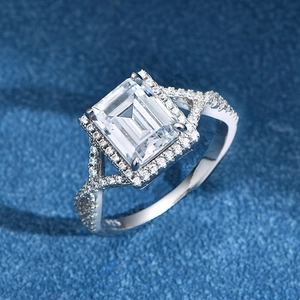 Luxurious S925 sterling silver ring featuring a large emerald cut gemstone and micro pave
