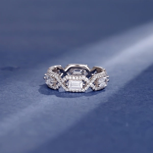 Elegant S925 sterling silver ring featuring emerald cut stones on a textured navy background