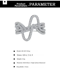 Spécifications de la bague en argent S925 ondulée avec largeur de 17mm et diamants carbone