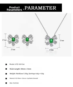 Detailed size chart for 925 silver emerald bow necklace and earring set dimensions