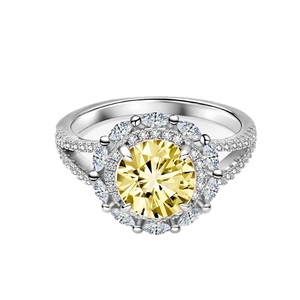 Bague luxueuse en argent S925 avec zircon jaune et halo de diamants style tournesol