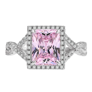 Elegant S925 silver ring with large radiant cut pink gemstone and halo diamond accents