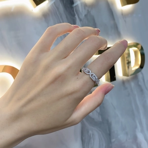 S925 sterling silver geometric chain ring set with rectangular and round cubic zirconia