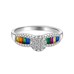 Sterling silver ring with circular center diamonds and rainbow gradient gemstones
