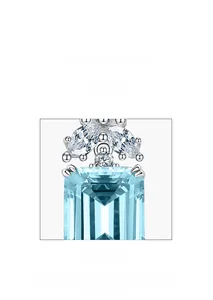 Detailed view of emerald-cut light blue aquamarine pendant with micro-pave white zircon