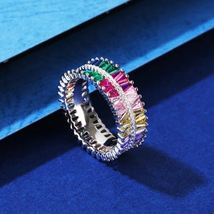 Rainbow multi-color carbon diamond ring in sterling silver with radiant rectangular stones