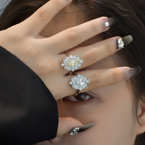 S925 sterling silver marquise-cut yellow stone ring with sunburst halo diamonds